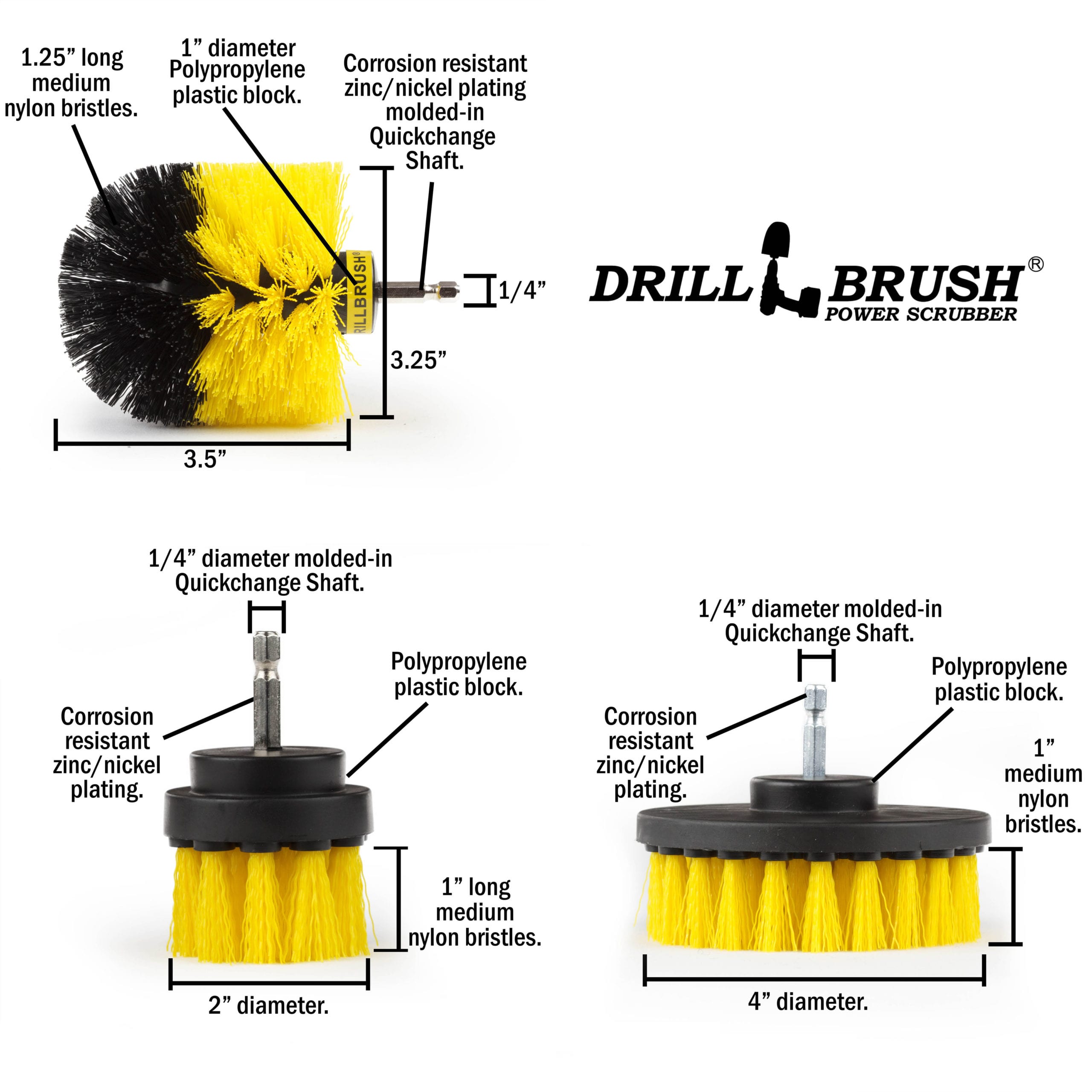 Original, 4in, & 2in Medium Yellow Brushes w/ 4in Variety Pads - Bathr –  Drillbrush